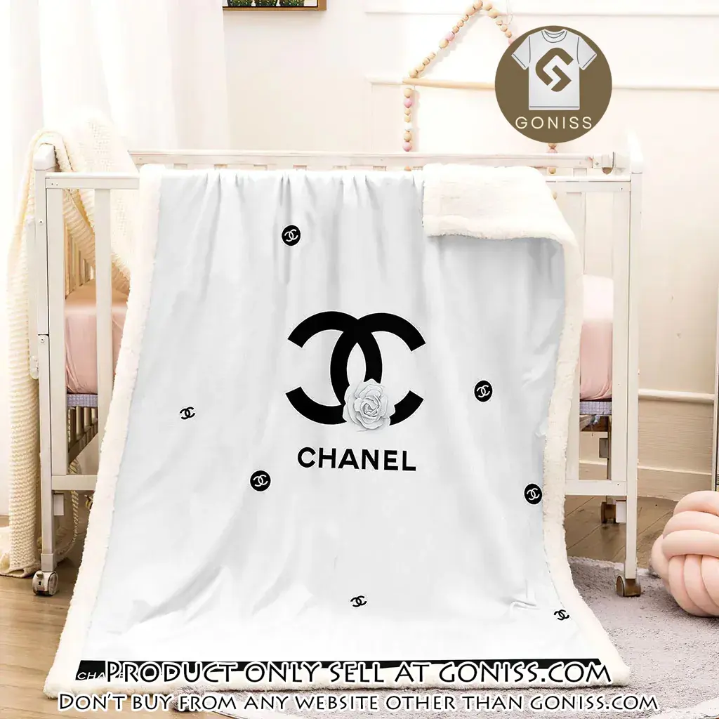 Chanel white roses black logo luxury brand premium blanket fleece home decor gn5454297